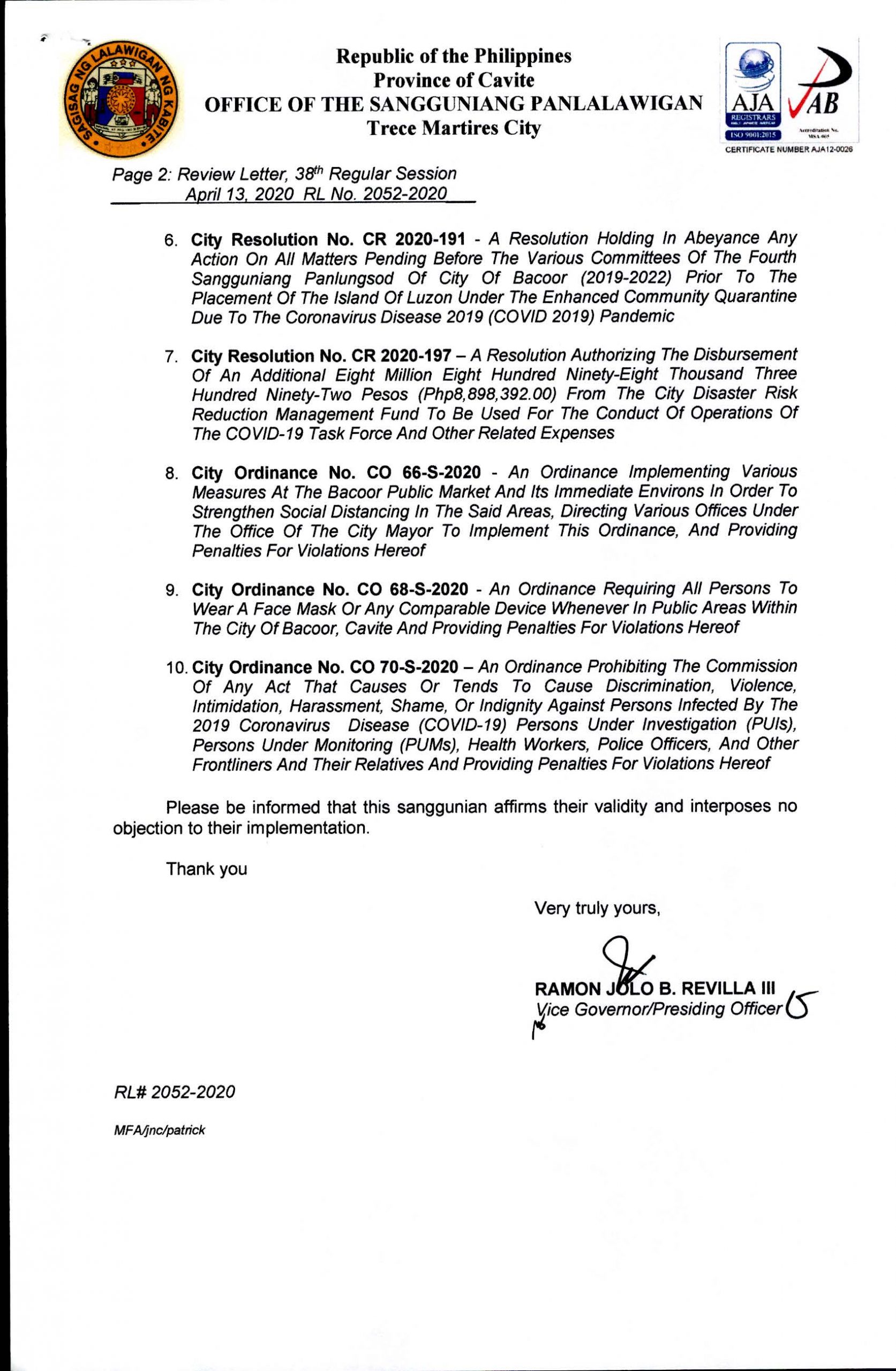 Letter from Office of the Sangguniang Panlalawigan – Bacoor City ...